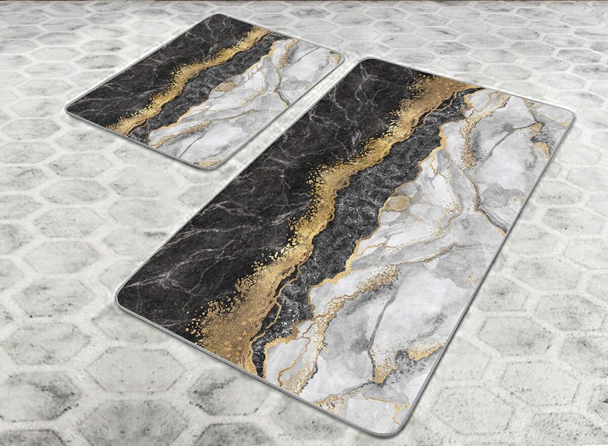 Set of 2 Marble Bath Mat, Black Gold Bath Rug, Nonslip Bath Mat Set, Modern Bathroom Decor