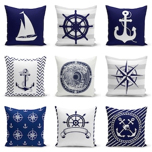 Navy Blue Nautical Pillow, Compass Cushion Cover, Anchor Pillow Cover, Yacht Decor, Beach Pillow Case, Navy Bedding Decor, Marine Cushion