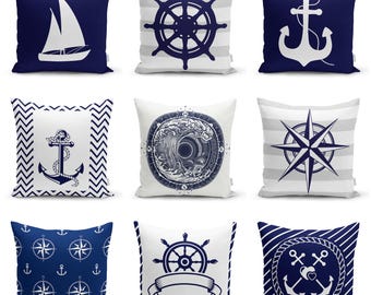Coussin marin bleu marine, housse de coussin boussole, taie d'oreiller ancre, déco yacht, taie d'oreiller de plage, déco literie bleu marine, coussin marin