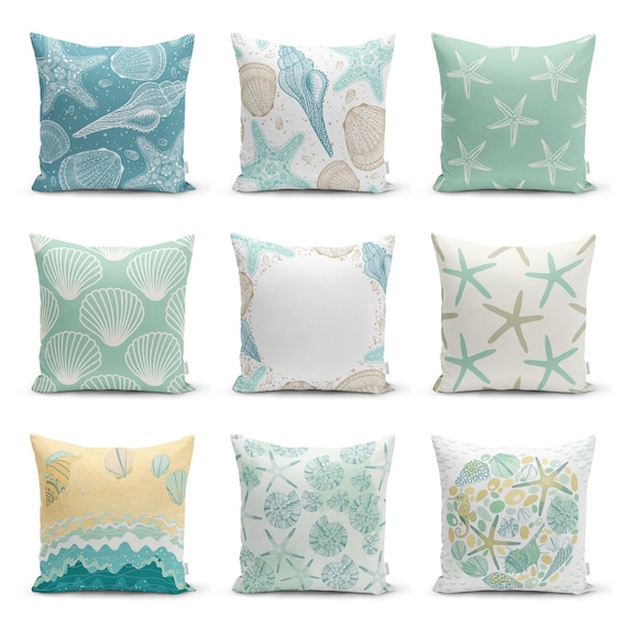 Beach House Pillow Cover, Coastal Cushion Case, Blue Turquoise Starfish & Seashell Home Decor, Nautical Contemporary Top, Summer Time Gift