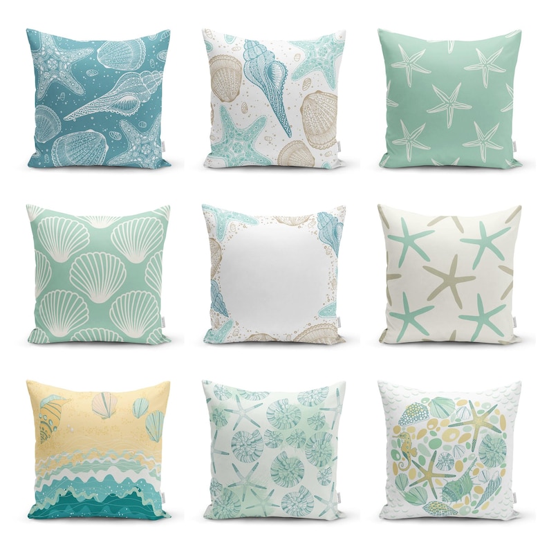 Beach House Pillow Cover, Coastal Cushion Case, Blue Turquoise Starfish & Seashell Home Decor, Nautical Contemporary Top, Summer Time Gift