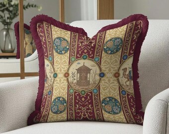 Ottoman Palace Velvet Pillow Cover, Burgundy Fringe, Turkish Inspired Cushion