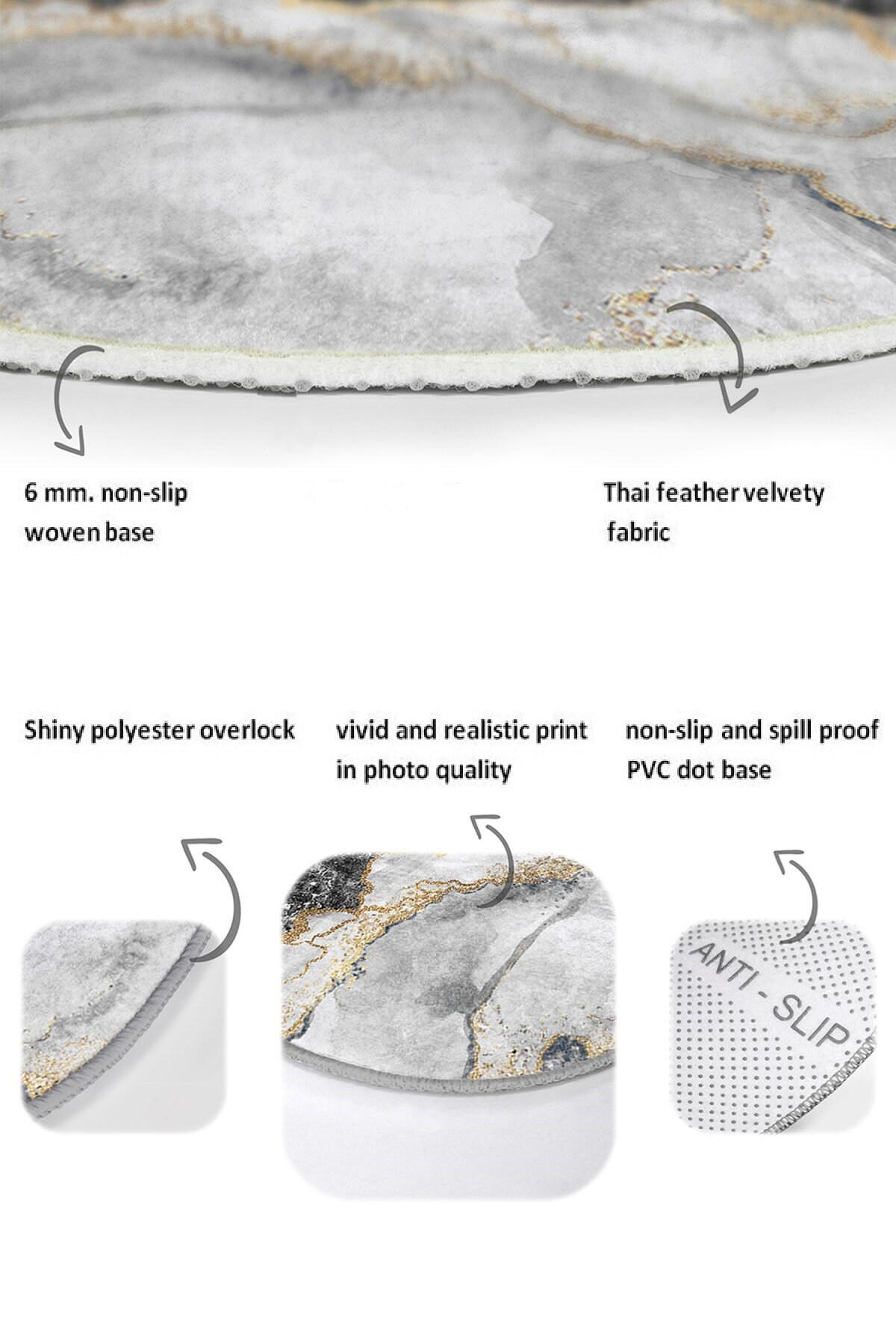 Set of 2 Marble Bath Mat, Black Gold Bath Rug, Nonslip Bath Mat Set, Modern Bathroom Decor