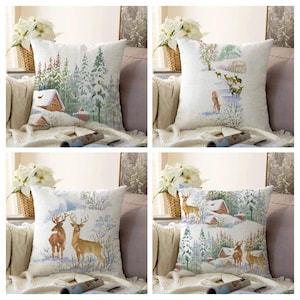 Winter Reindeer Pillow Case, Snowy Cottage Cushion Case, Deer in the Snowy Forest Pillow Cover, Winter Scenery Throw Pillow, Christmas Decor