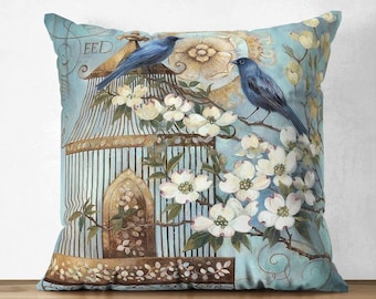 Funda de almohada con diseño de pájaro azul, diseño de pájaros en jaula, funda de cojín de doble cara, decoración rústica, regalo de inauguración de la casa, sala de estar