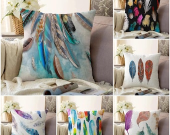 Boho Feather Pillow Cover, Southwestern Watercolor Feather Print Accent Cushion Case