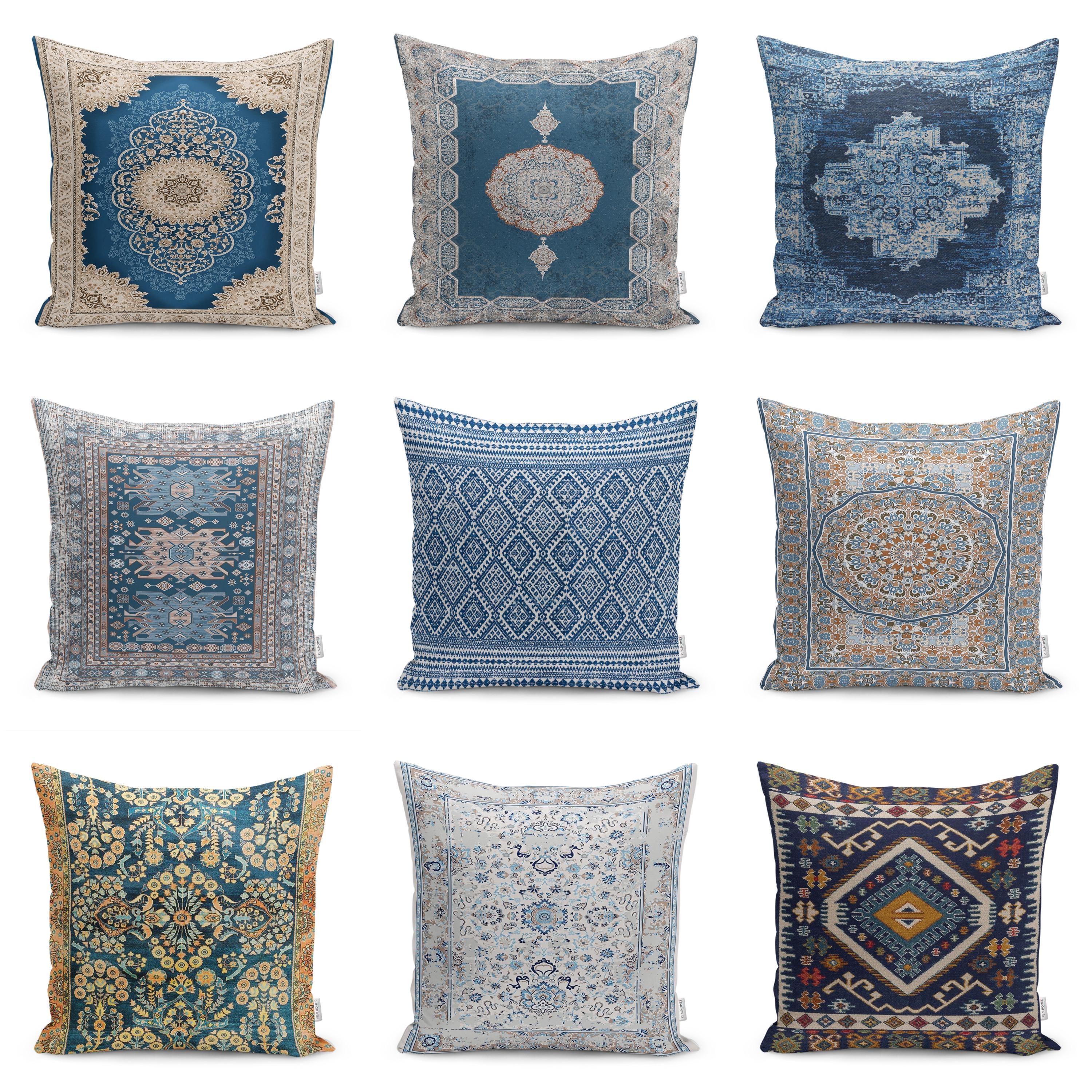 Boho Blue Oriental Kilim Pillow Cover, Turkish Persian Style Cushion Case, Vintage Rug Inspired Velvet Throw Pillow, Farmhouse Decor