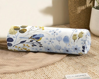 Blue Bird Bolster Pillow, Blue White Bolster Cushion with Insert, Yoga Throw Pillow, Animal Floral Home Decor, Vintage Bench Pillow Gift
