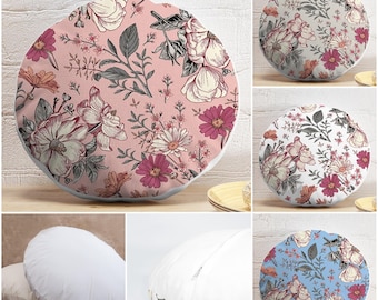 Floral Round Pillow Cover & Insert, Vintage Flower Circle Chair Cushion, Any Size Floor Pillow, Shabby Chic Decor, Boho Home Decor