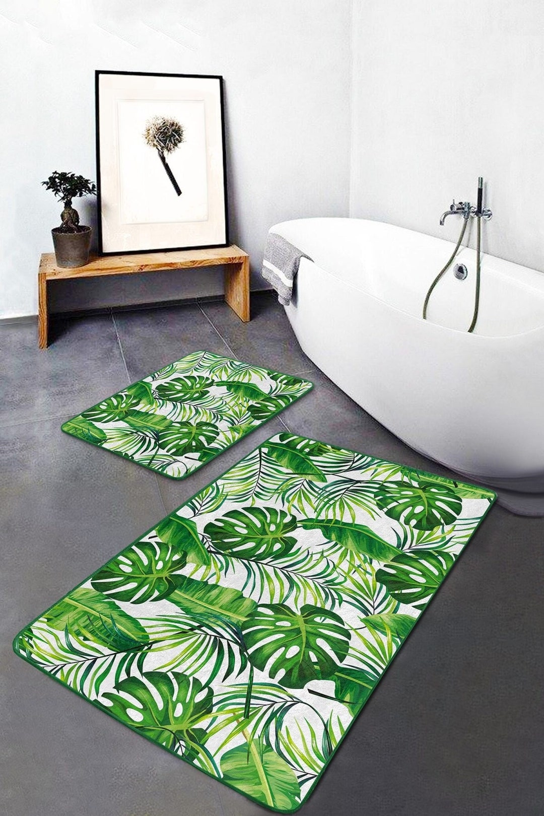 Set of 2 Tropical Bath Mat, Green Leaf Shower Rug, Tropical Bathroom