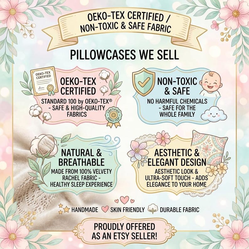 May include: An informational graphic titled PILLOWCASES WE SELL featuring four sections: OEKO-TEX CERTIFIED, NON-TOXIC & SAFE, NATURAL & BREATHABLE, and AESTHETIC & ELEGANT DESIGN. It highlights features like handmade, skin friendly, and durable fabric.