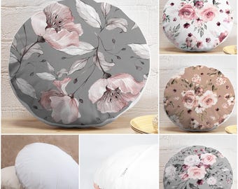 Round Floral Pillow Cover & Insert, Watercolor Flower Circle Cushion, Pastel Pink and Gray Floor Pillow, Pink Rose Decor, Boho Home Decor