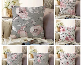 Luxury Pink Rose Pillowcase, Pink Gray Cushion Cover, Cottage Style Pillow Sham, Feminine Cushion, Floral Pink Gray Home Decor, Gift for Her