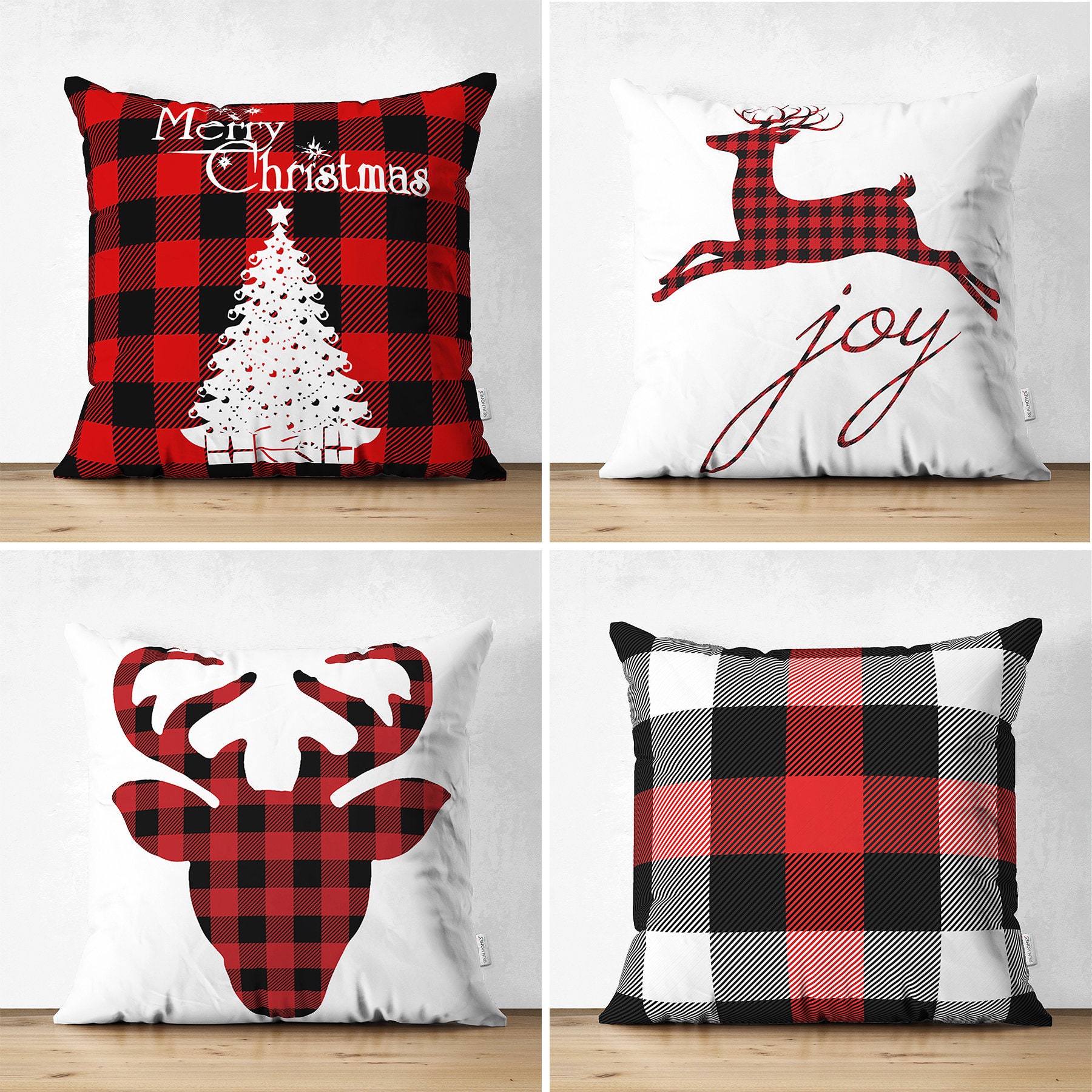 Set of 4 Red Black Plaid Christmas Pillow Cover Xmas Tree