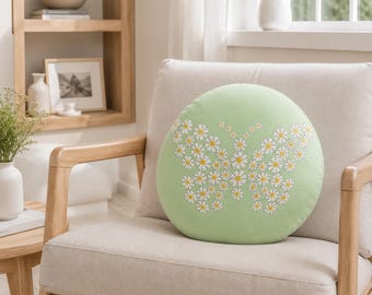 Daisy Butterfly Round Pillow Cover, Sage Green Floral Cushion, Botanical Farmhouse Decor