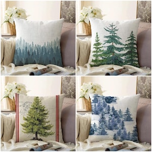 Federa per cuscino con albero di pino, federa per cuscino con motivo bosco, federa per cuscino con motivo acquerello, cuscino con motivo foresta verde, arredamento in stile fattoria, arredamento per biancheria da letto con motivo bosco