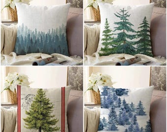 Funda de almohada de pino, funda de almohada de bosque, funda de cojín de acuarela, cojín decorativo de bosque verde, decoración de granja, ropa de cama de bosque
