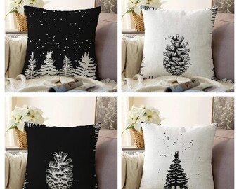 Funda de cojín con diseño de árboles de Navidad, funda de cojín con piñas, fundas de almohada navideñas en blanco y negro, cojín de sofá con temática invernal, regalo de granja para las fiestas.