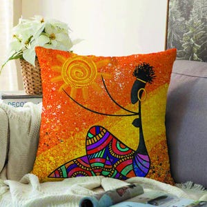 African Woman Pillow, Boho Sun Throw Pillow,  Afrocentric Décor Pillow, Unique Bohemian Cushion, African Home Decor, Black Woman Pillow