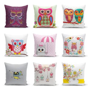 Cute Owl Pillow Cover, Animal Cushion Cover, Cute Bird Throw Pillow Case, Kids Room Decor, Owl Decor, Owl Gift, Any Size Pillows, Cover Only