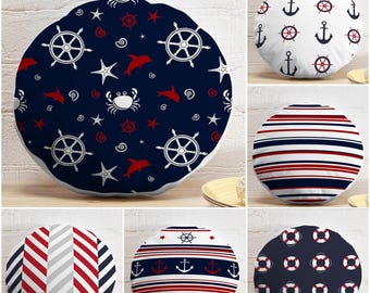 Nautical Round Pillow Cover, Coastal Beach House Decor, Anchor & Ship Wheel Cushion, Navy Blue Maritime Sea Theme Cushion, Floor Pillow