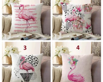 Pink Flamingo Cushion Cover, Watercolor Tropical Throw Pillow Cover, Boho Bird Decor