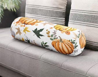 Pumpkin Bolster Pillow Cover, Autumn Cylinder Cushion, Fall Leaf Floral Print, Farmhouse Round Pillow