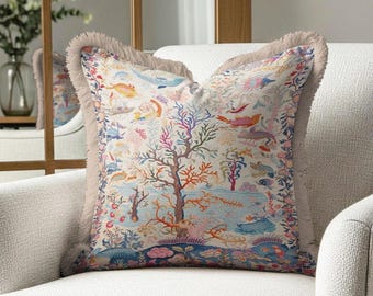 Fringed Tapestry Cushion Cover: Coastal Coral Marine Scene Pillow Case