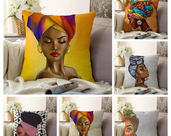 Afrocentric Throw Pillow Covers, Black Woman Cushion Cover, Ethnic African Pillow Top, African Art, Black Girl Face Art, Boho Decor