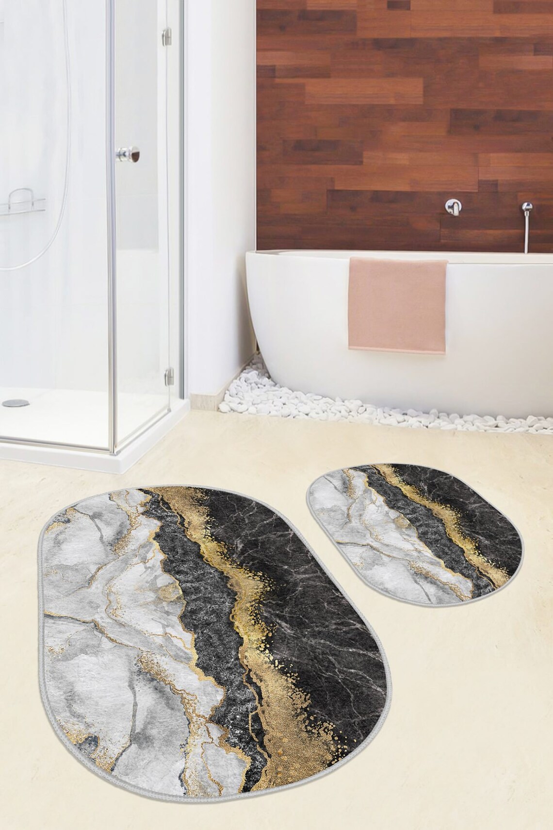 Set of 2 Marble Bath Mat, Black Gold Bath Rug, Nonslip Bath Mat Set