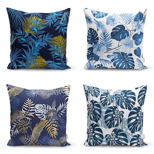 Navy Blue Tropical Pillow Cover, Monstera Leaf Cushion Case, Coastal Botanical Throw Pillow, Blue Gold Jungle Decor, Beach House Sofa Accent