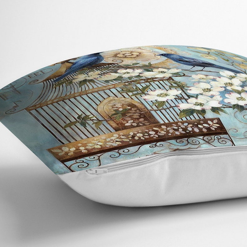 Blue Bird Pillow Cover Birds in Cage Throw Pillow Cover Etsy