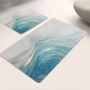 Turquoise Marble Bathroom Rug Set, Aqua Gold Abstract Bath Mat, Non-Slip Soft Floor Mat, Modern Bathroom Decor, Washable Bath Rug