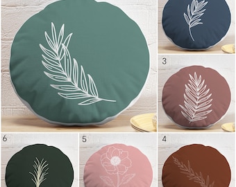 Minimalist Round Pillow, Abstract Leaf Design, Soft Velvet Texture