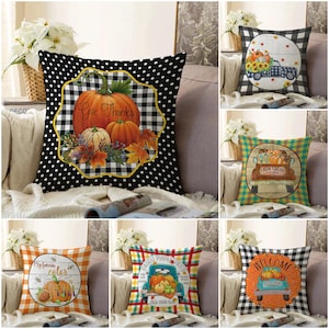 Thanksgiving Fall Pillow Cover, Autumn Pumpkin Harvest Cushion Case, Buffalo Plaid Decor, Welcome Fall, Vintage Fall Decor, 16x16 18x18