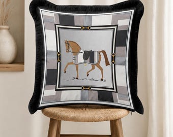 Equestrian Horse Fringe Pillow Cover, Black Gray Patchwork Velvet Cushion Cover, Farmhouse Decor
