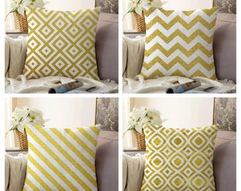 Geometric Gold and White Velvet Pillow Cover: Striped Zigzag Design