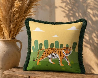 Tiger Fringed Pillow Cover, Jungle Safari Velvet Cushion, Wildlife Animal Print Home Decor