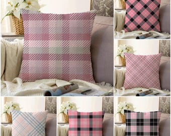 Pink Plaid Throw Pillow Cover, Farmhouse Cottagecore Cushion Case
