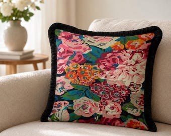 Pink Floral Fringe Pillow Cover, Black Velvet Trim, Maximalist Peony Chintz Boho Decor