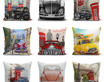Vintage Car Pillow Cover, London Paris Travel Cushion, Retro Classic Car Decorative Throw Pillow, European City Art Sofa Pillow Cover