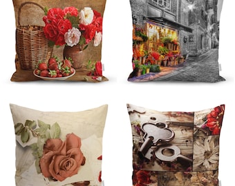 Floral Rose Pillow Cover, Raschel Velvet Cottagecore Throw Pillow