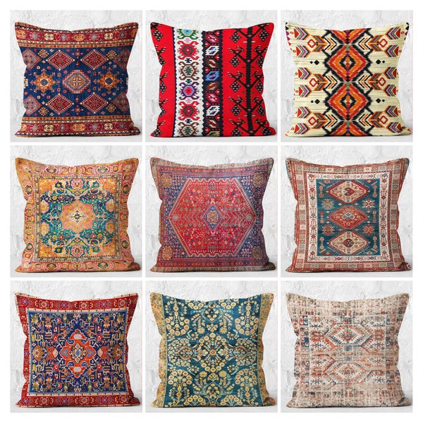 Rug Pattern Pillow Cover, Oriental Throw Pillow, Turkish Rug Motif Cushion Cover, Kilim Pattern Pillow Cases, Authentic Couch Pillows