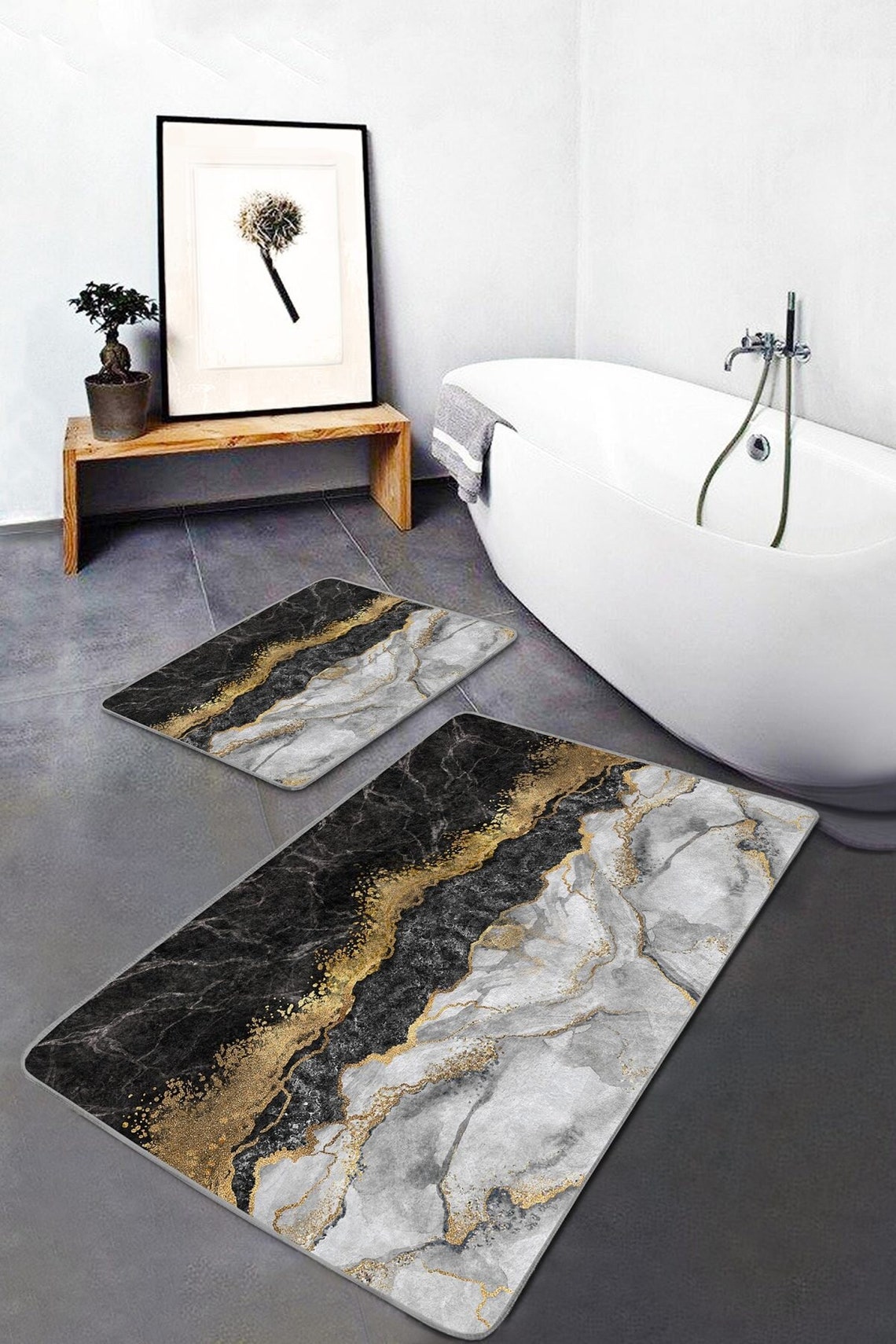 Set of 2 Marble Bath Mat, Black Gold Bath Rug, Nonslip Bath Mat Set