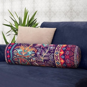 Ethnic Design Bolster Pillow, Meditation Bolster Cushion with Insert, Yoga Throw Pillow, Eclectic Home Decor, Vintage Bench Pillow Gift