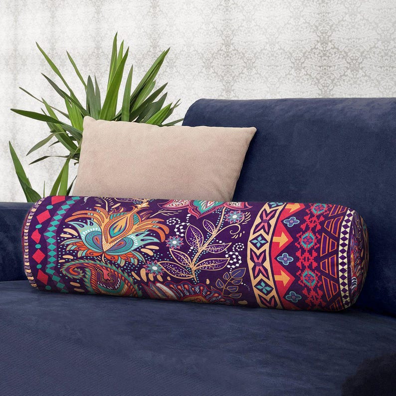 Ethnic Design Bolster Pillow, Meditation Bolster Cushion with Insert, Yoga Throw Pillow, Eclectic Home Decor, Vintage Bench Pillow Gift