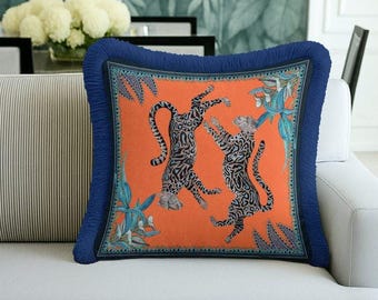 Leopard Print Fringed Pillow Cover, Orange Velvet, Jungle Animal Boho Decor