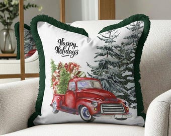 Red Vintage Truck Christmas Cushion Cover with Dark Green Fringe, Winter Holiday Accent Throw Pillow