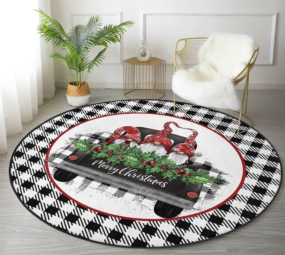 Cute Christmas Rug, Round Xmas Floor Mat, Plaid Circle Carpet, Happy