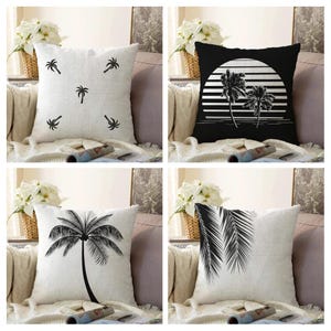 Zwart witte kussensloop palmboom, kussenhoes palmbladeren, decor tropische palmboom, zachte fluwelen stof met opties voor meerdere maten